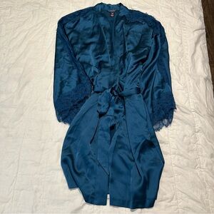 Victoria's Secret Blue Satin Robe with Lace Trim